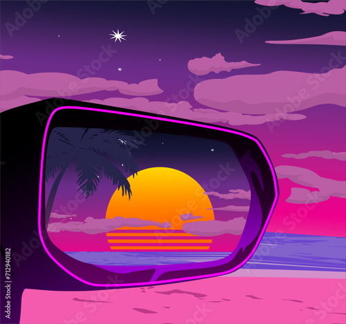 rear view mirror with aesthetic moon on the beach retrowave style