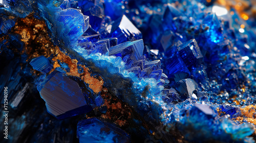 Macro close-up of natural blue azurite crystal gemstone mineral rock formation, blue, purple, amethyst, gold, quartz, agate, background image, room for copy space (ID: 712940196)