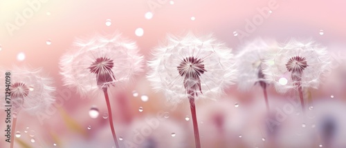 Lovely gentle pink backdrop. Moisture beads on a dandelion s parachute  Ai Generated
