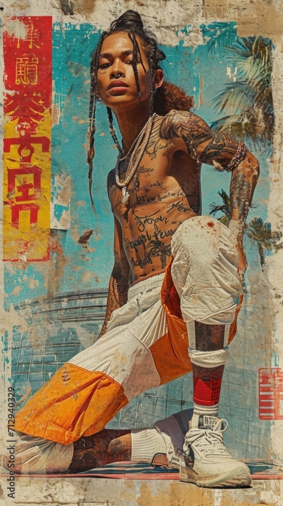 Obraz premium A man with dreadlocks and tattoos on his body