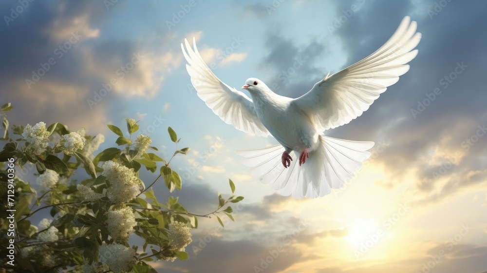 Fototapeta premium A white dove is flying through the sky with its wings spread wide, Ai Generated
