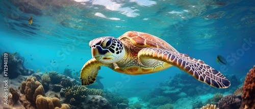 A green sea turtle swims in the blue ocean, Ai Generated