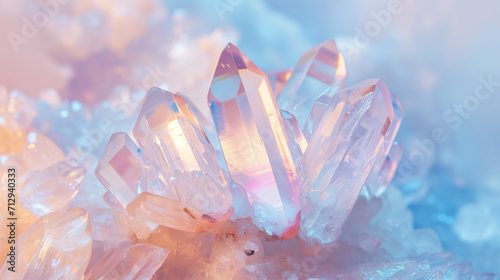 Macro close-up of natural aura quartz crystal points, crystal cluster, gemstone, mineral, rock formation, rainbow, amethyst, rose quartz, agate, background image, room for copy space, pink, blue