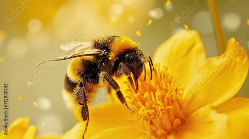 A close-up of a bee sitting on top of a yellow flower covered in pollen, Ai Generated