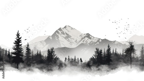 A Black and white mountain range, landscape, tree symbols, stencil vector illustration. photo