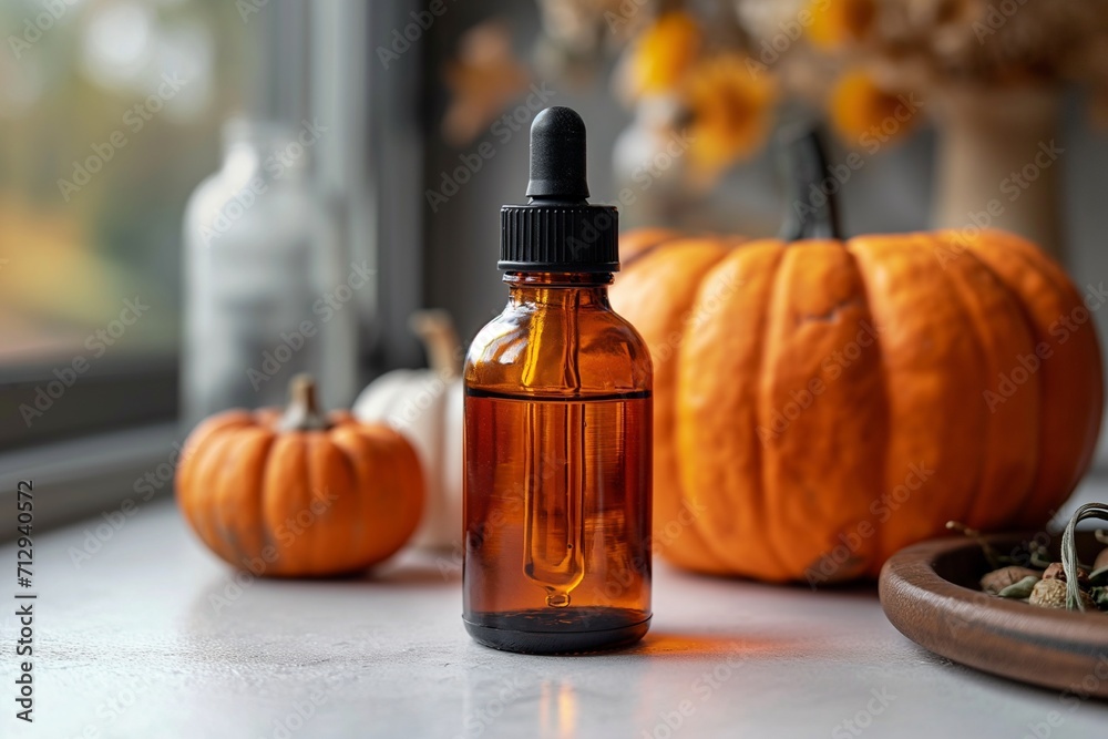 Still Life of Pumpkin and Pumpkin Essential Oil Captured on a White Surface Still Life of Pumpkin and Pumpkin Essential Oil Captured on a White Surface