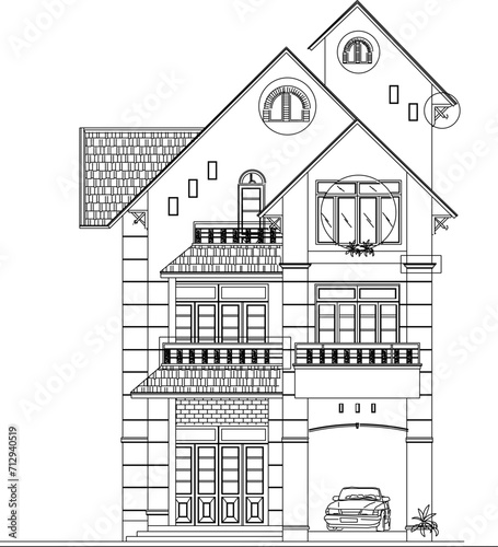 Vector sketch illustration design engineering architectural drawing view of simple Mediterranean ethnic house building