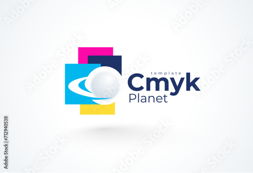 Logo Print Сmyk Polygraphy Planet space theme. Template design vector. White background.