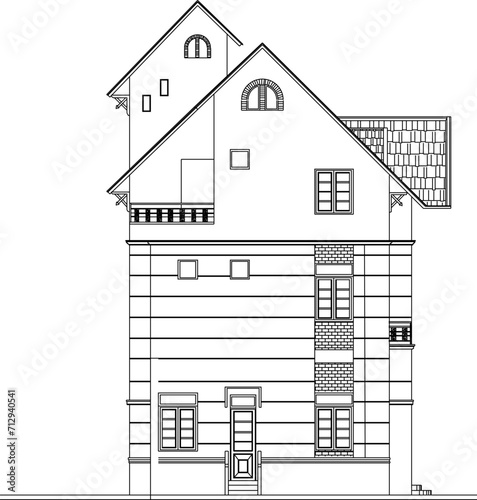Vector sketch illustration design engineering architectural drawing view of simple Mediterranean ethnic house building