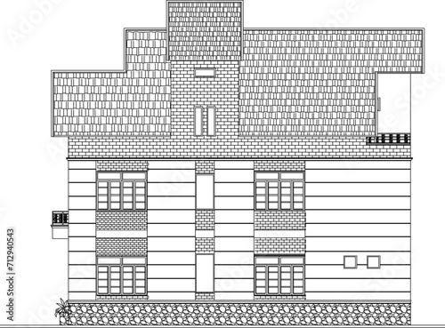 Vector sketch illustration design engineering architectural drawing view of simple Mediterranean ethnic house building 