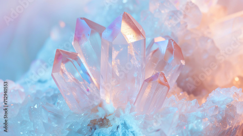 Macro close-up of natural aura quartz crystal points, crystal cluster, gemstone, mineral, rock formation, rainbow, amethyst, rose quartz, agate, background image, room for copy space, pink, blue