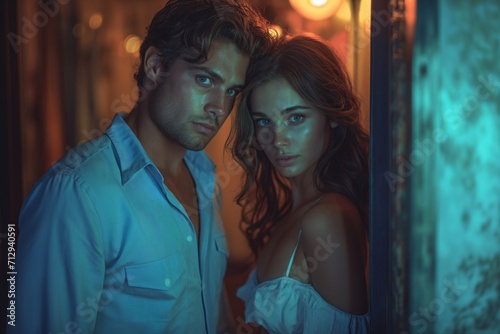 young english man in blue shirt is standing close to the door of a quiet dark luxuriant room in the night with a young lady in white arm dress © yevgeniya131988