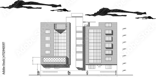 Vector sketch illustration design engineering drawing of modern five star hotel