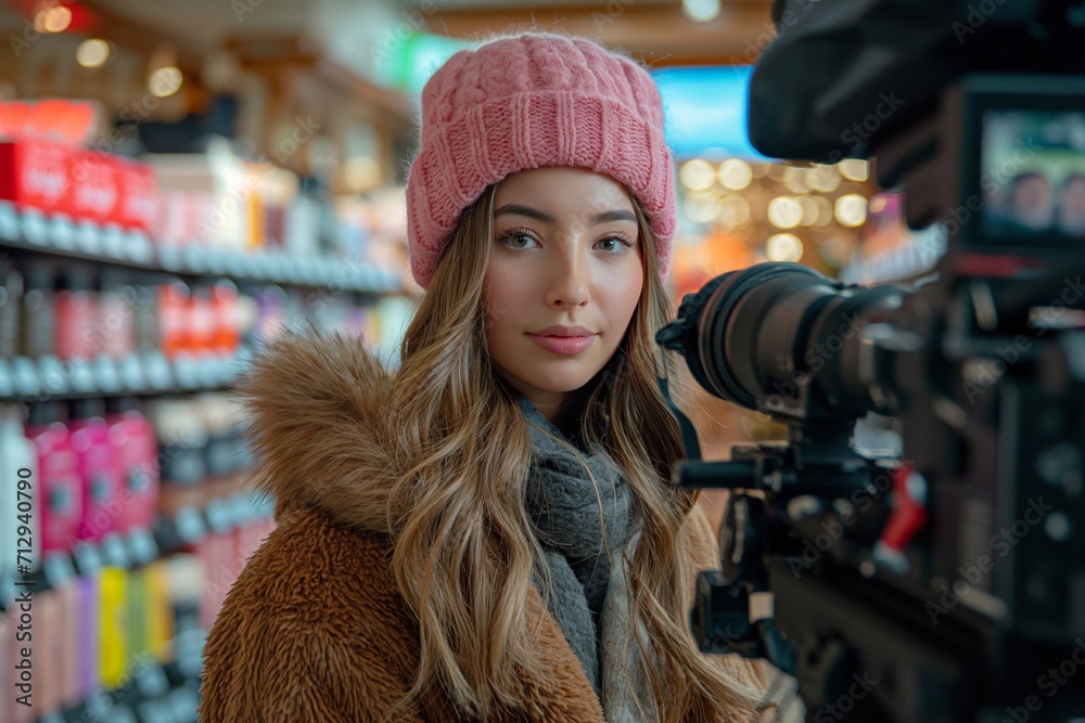 A young woman of 30 years old is filming a video blog . Walks around the store and shows cosmetics A young woman of 30 years old is filming a video blog . Walks around the store and shows cosmetics