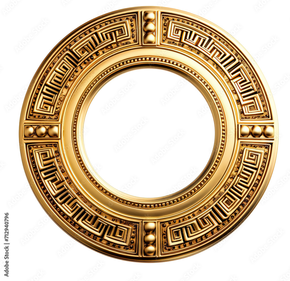 Fototapeta premium Golden meandering decorative circle in ancient Greek style isolated on transparent background. PNG
