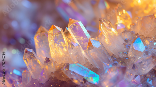 Macro close-up of natural aura quartz crystal points, crystal cluster, gemstone, mineral, rock formation, rainbow, amethyst, rose quartz, agate, background image, room for copy space, pink, blue (ID: 712940730)