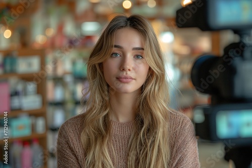 A young woman of 30 years old is filming a video blog . Walks around the store and shows cosmetics