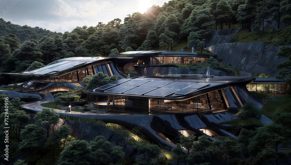 3D render of a modern building in the forest with a beautiful view