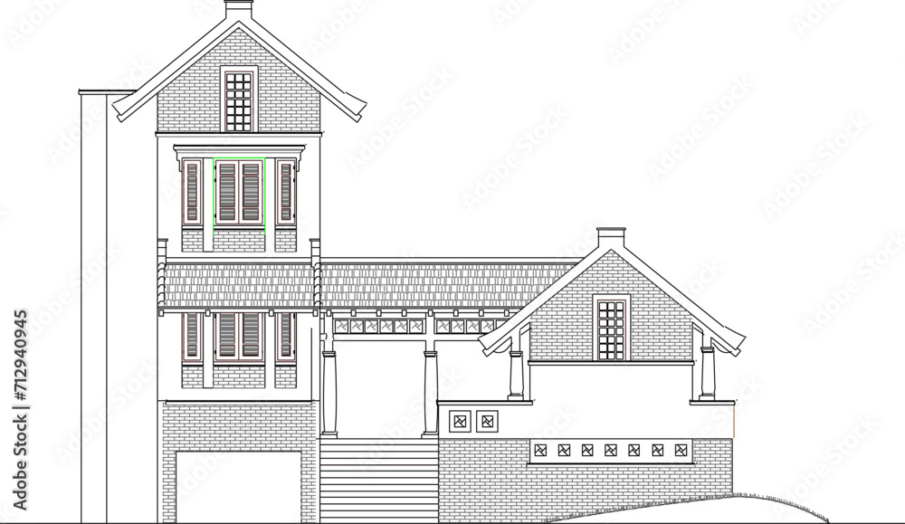 Vector sketch illustration of architectural engineering drawing design view of traditional ethnic simple house building