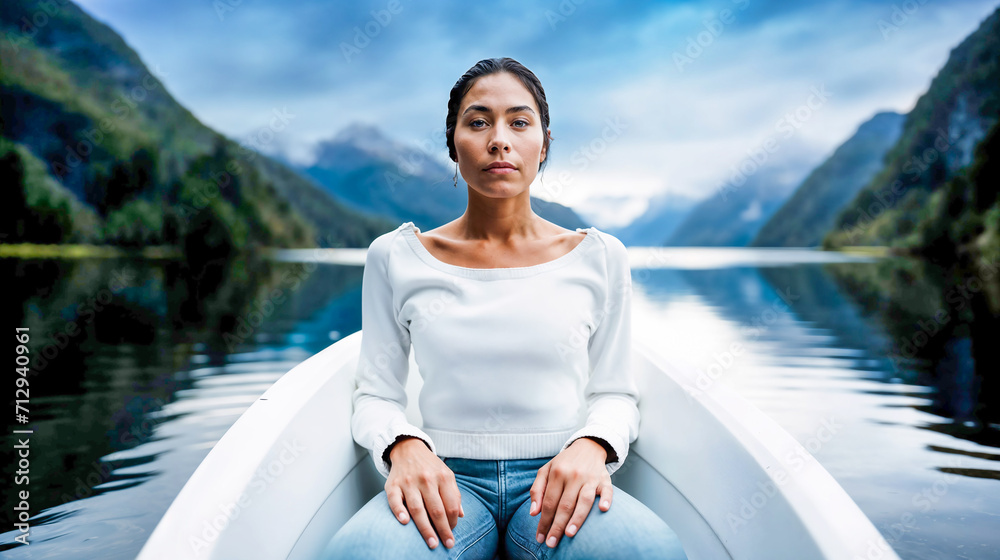 Serene Woman Enjoying Boat Trip in Mountain Lake