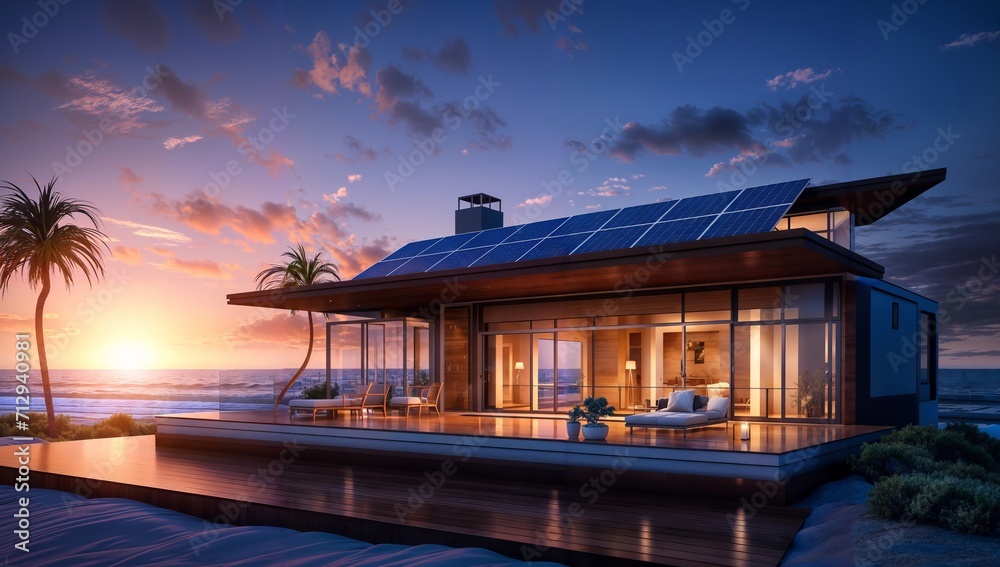 3d rendering of modern house with solar panels on the roof.