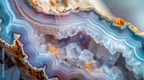 Macro close-up of natural geode crystal gemstone mineral rock formation, blue, purple, amethyst, rose quartz, agate, background image, room for copy space (ID: 712940963)