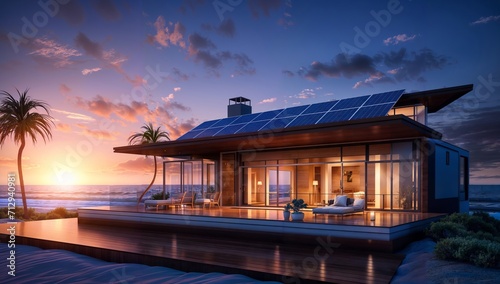 3d rendering of modern house with solar panels on the roof.