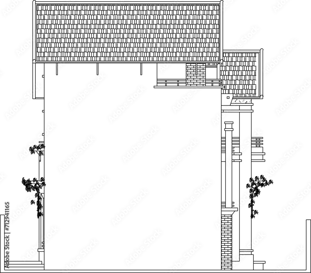 Obraz premium Vector sketch illustration of technical design drawing of an old classic vintage colonial tropical house with a sloping roof