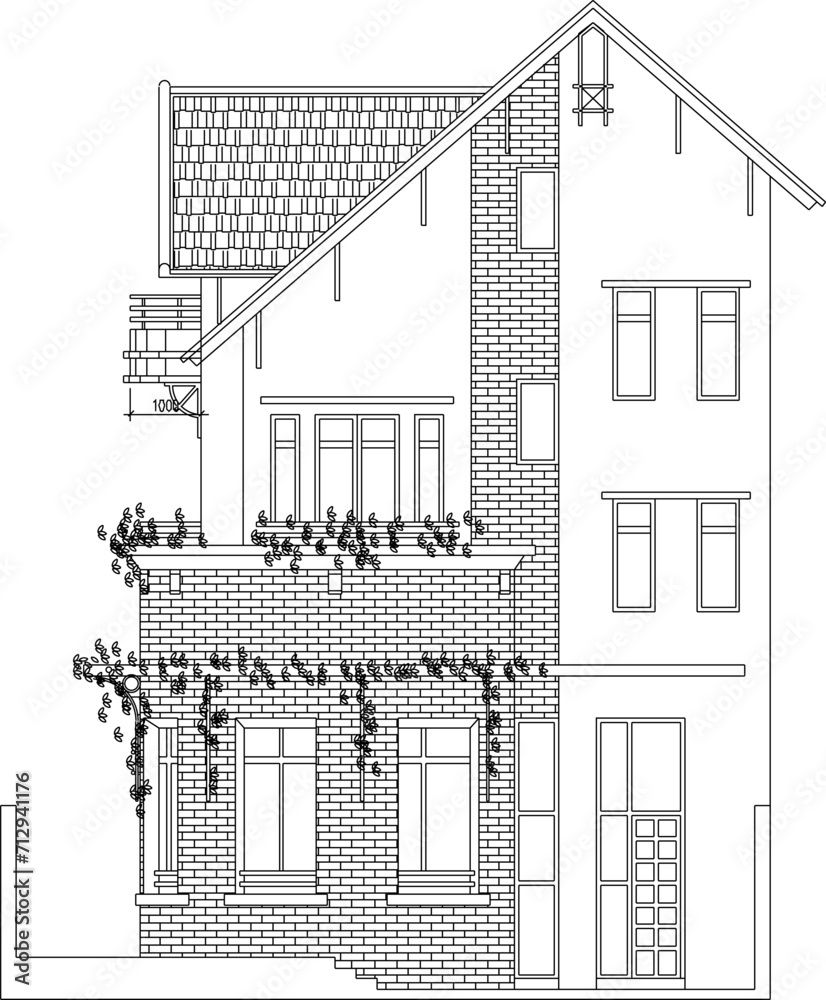 Vector sketch illustration of technical design drawing of an old classic vintage colonial tropical house with a sloping roof 