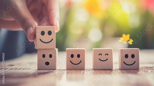 Hand chooses with happy smile face emoticon icons on Wooden Cube , good feedback rating for customer review photo