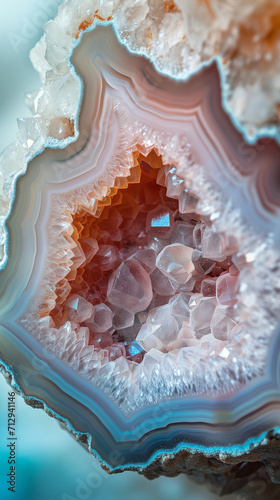 Macro close-up of natural geode crystal gemstone mineral rock formation, blue, purple, amethyst, rose quartz, agate, background image, room for copy space (ID: 712941146)