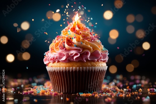 Festive Confetti Explosion Birthday Cupcake, on an isolated Confetti Rain background, Generative AI