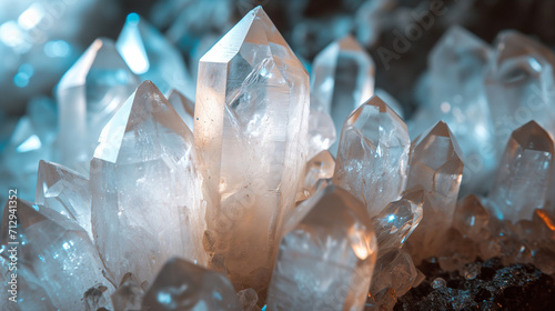 Macro close-up of natural clear quartz crystal points, crystal cluster, gemstone, mineral, rock formation, rainbow, amethyst, rose quartz, agate, background image, room for copy space (ID: 712941352)
