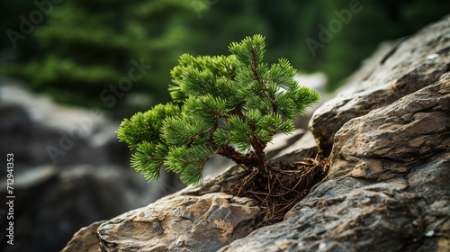 Cypress bonsai, small tree on a rock.