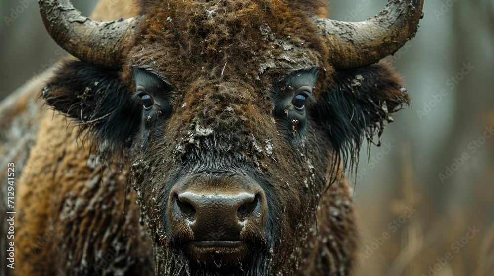 Showing the thick, matted fur of a bison, heavily laden with mud and debris from its prairie environment. Showing the thick, matted fur of a bison, heavily laden with mud and debris from its prairie environment.