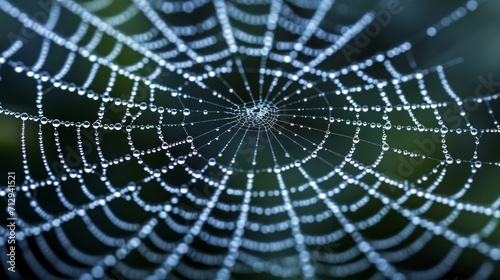 Spider web, threads neatly woven, with dew drops perfectly spaced.