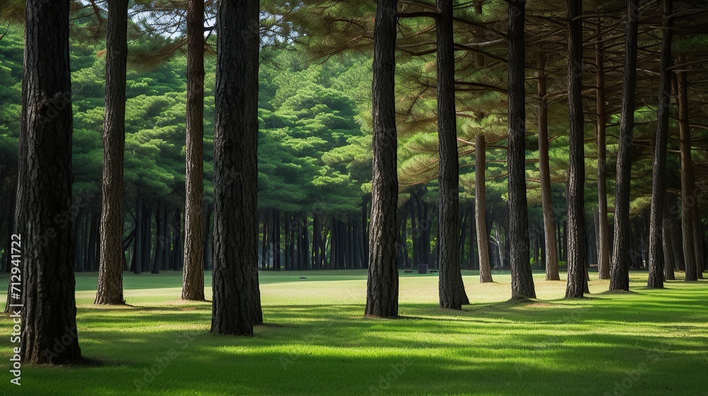 Obraz premium Pine trees line the forest, in the National Park