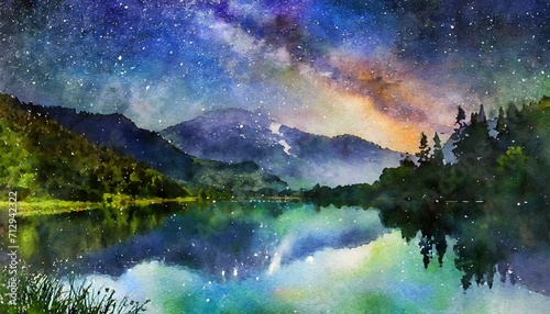 Tranquil Lake Reflection  Serene Watercolor Background. Generative AI
