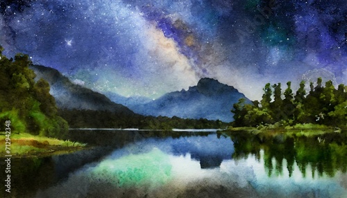 Tranquil Lake Reflection  Serene Watercolor Background. Generative AI