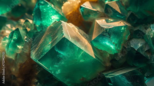 Macro closeup of natural raw green emerald crystal gemstone rock formation, background image, room for copy space