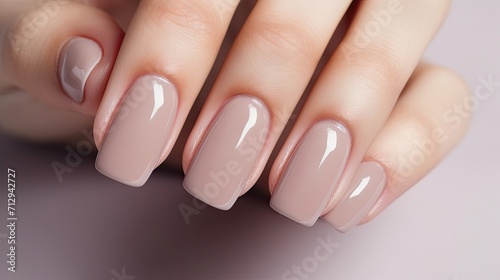Close-up of elegant manicured nails with glossy nude polish. photo