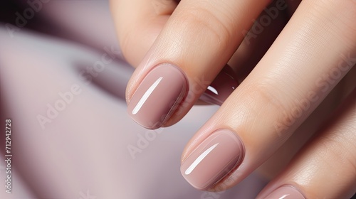 Elegant taupe manicure on female hands with a shiny finish.