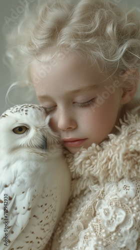 Very beautiful white girl, hugging a white bird polar owl. Poster about careful attitude to the surrounding world and harmonious existence of man and fauna.