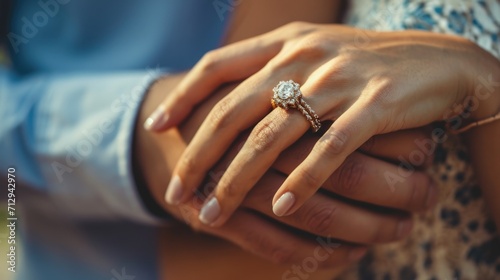 engagement ring on woman's finger, closeup. shot after marriage proposal