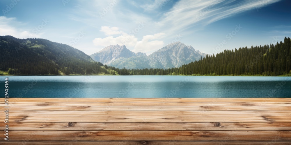 Wooden table top surface with mountain lake water and cloud sky background panorama. Wooden table top surface with mountain lake water and cloud sky background panorama.