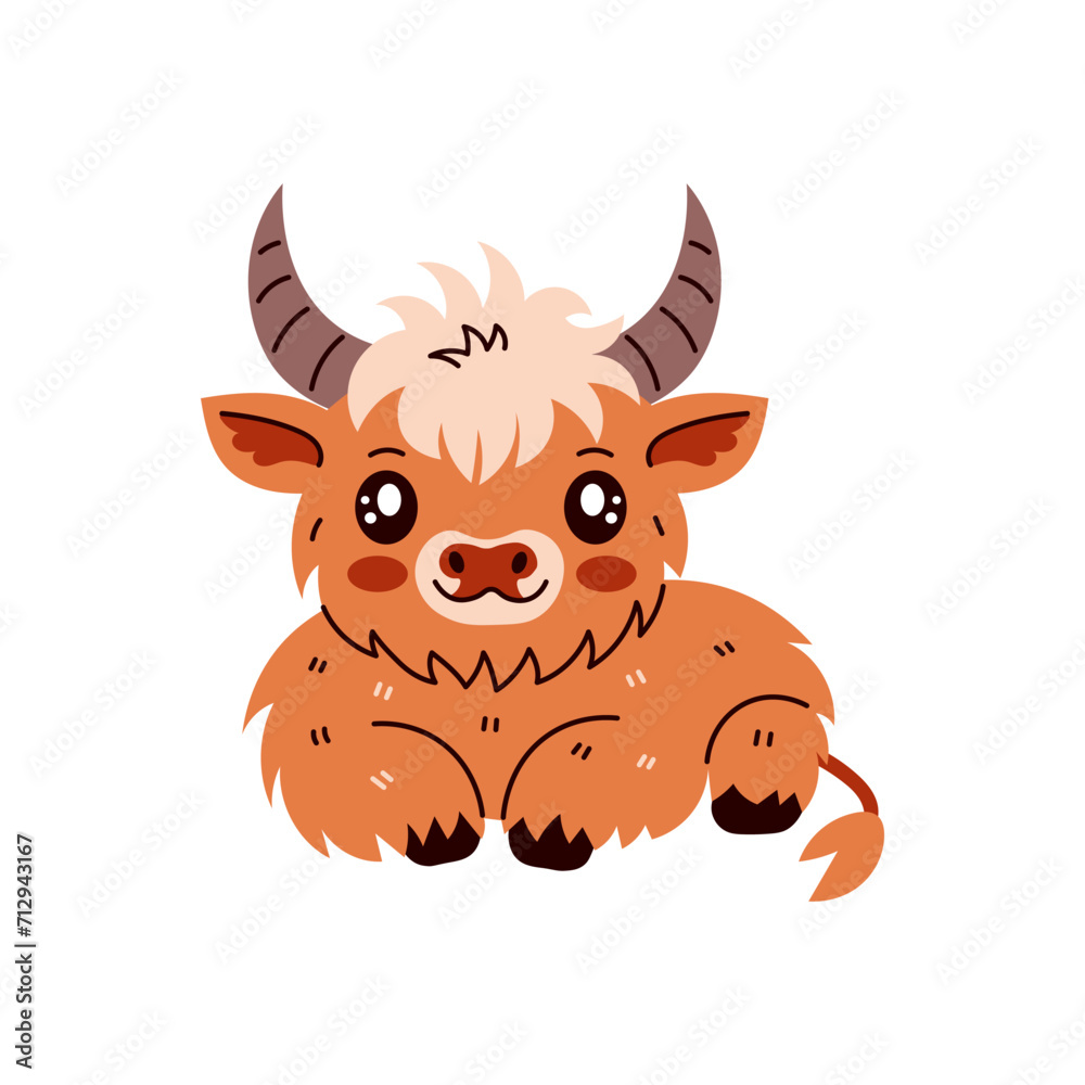 Highland cow lying down and resting. Cute livestock horned bull. Vector illustration for kids, farming, zoo. Cute shaggy calf modern art on white background.