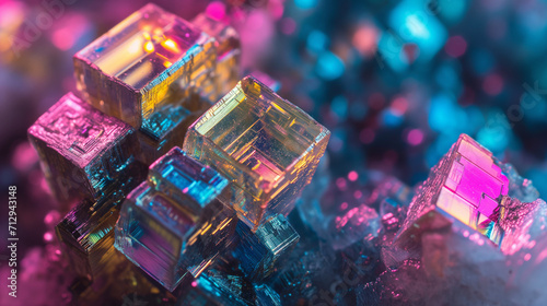 Macro crystal bismuth gemstone rock formation, colorful lighting, background image, room for copy space (ID: 712943148)