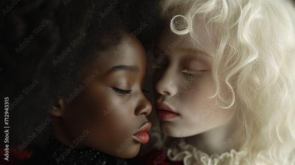 Very beautiful white and black girls next to each other. Gentle, sensual representatives of different races. Poster about equality and love.