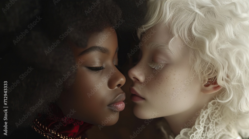 Very beautiful white and black girls next to each other. Gentle, sensual representatives of different races. Poster about equality and love. Very beautiful white and black girls next to each other. Gentle, sensual representatives of different races. Poster about equality and love.