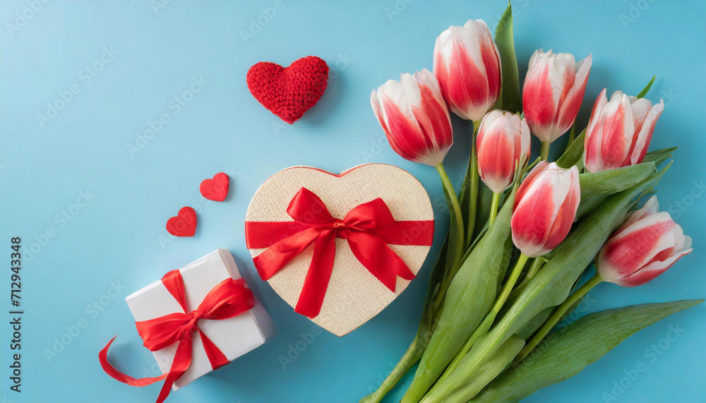 A beautiful giftbox with a ribbon bouquet of tulips and a heart, perfect for Mother's Day or Valentine's Day.